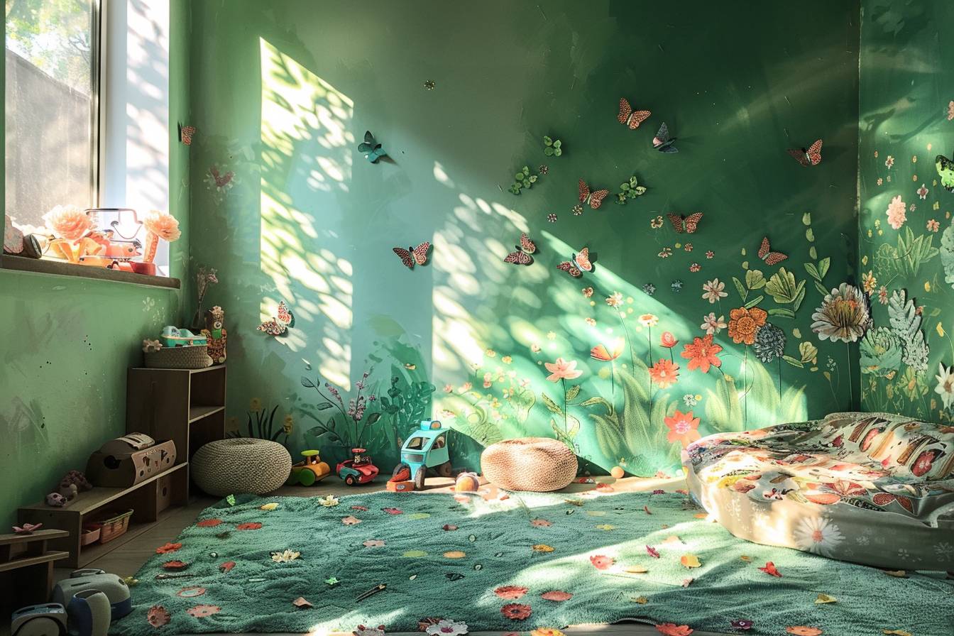 Enfant souriant dans une chambre éco-responsable décorée avec des matériaux recyclés pour un environnement harmonieux et vert.